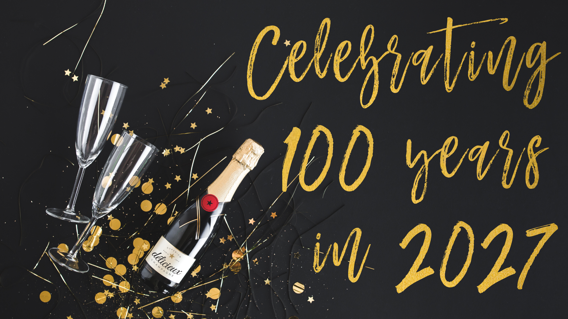 WTW 100 years in 2027. Image of a Champagne bottle and glasses